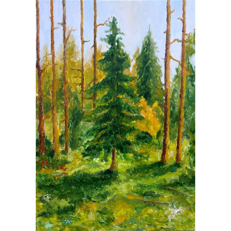 夏の森 オリジナルアート油絵 壁装飾 抽象的な夏の森 - ポスター・絵 - その他の素材 グリーン