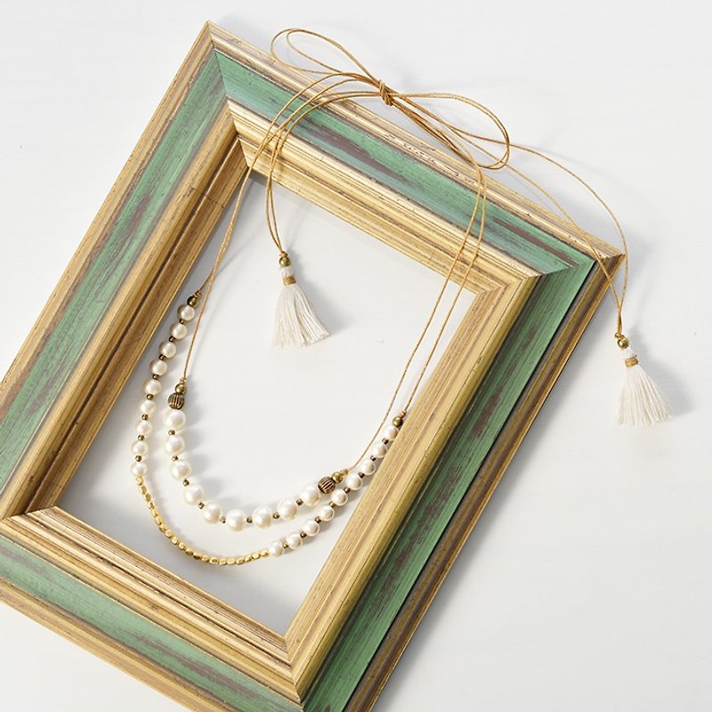 Cotton Pearl Tassel Necklace - สร้อยคอ - เส้นใยสังเคราะห์ ขาว