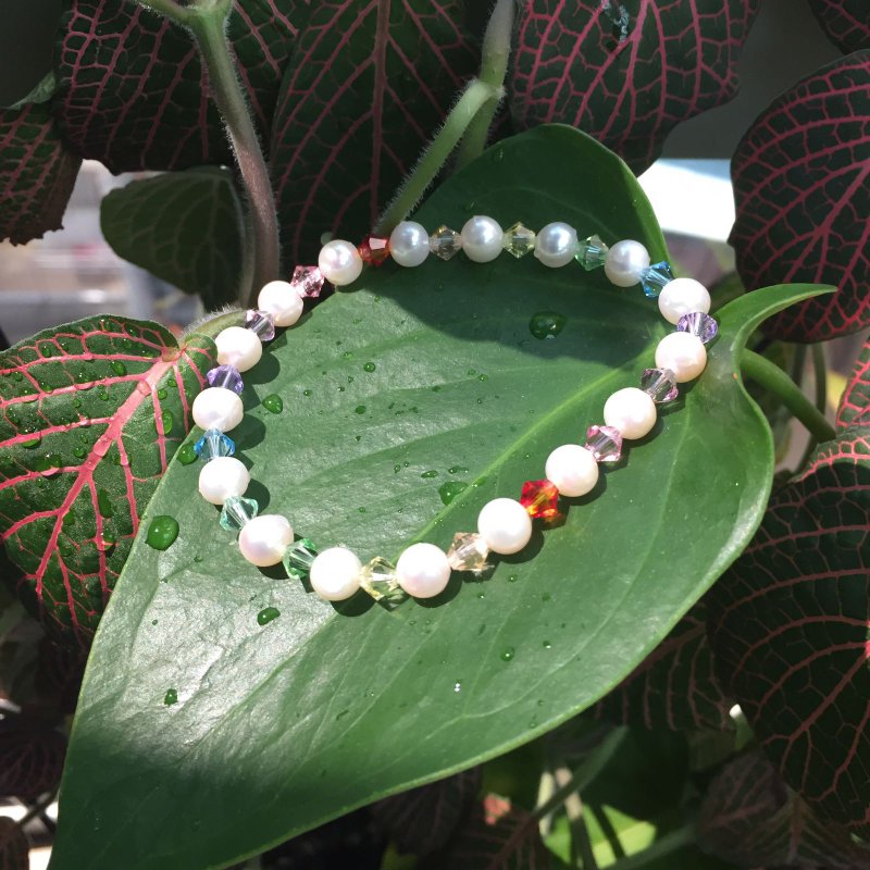 彩虹系列- 虹色Swarovski水晶配養殖淡水珍珠彈性手鏈 - 手鍊/手環 - 珍珠 白色