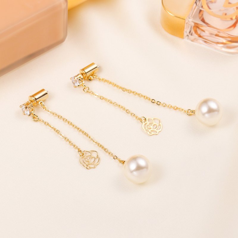 La Rose Pearl Earrings Classic Rose Series (Long Style) (Needle Style) - Earrings & Clip-ons - Copper & Brass Gold