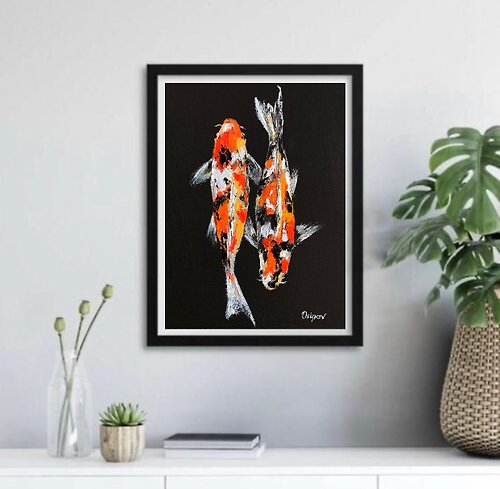 OsipovArtStudio Original Oil Painting On Canvas Koi Fish Painting Rainbow Fish Impasto Artwork