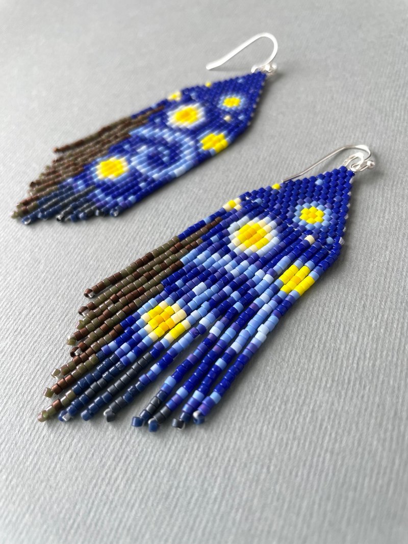 Beaded Van Gogh Starry Night earrings with fringe PDF PATTERN for miyuki delica - 其他數位商品 - 其他材質 