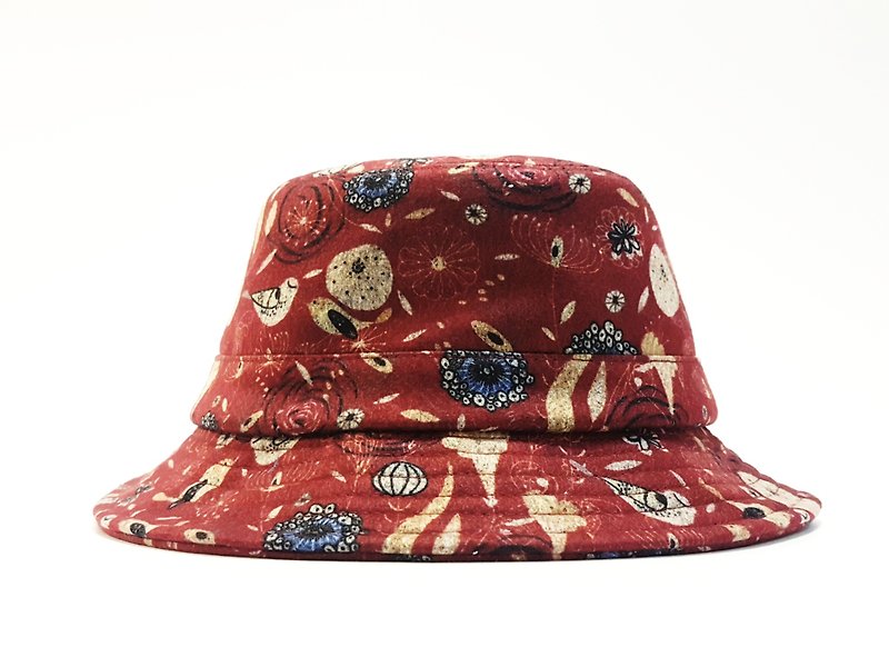 Fun fun hat along the gentleman hat - retro birds and flowers (red) #彩印# exclusive #限量#秋冬#礼物# keep warm - หมวก - เส้นใยสังเคราะห์ สีแดง