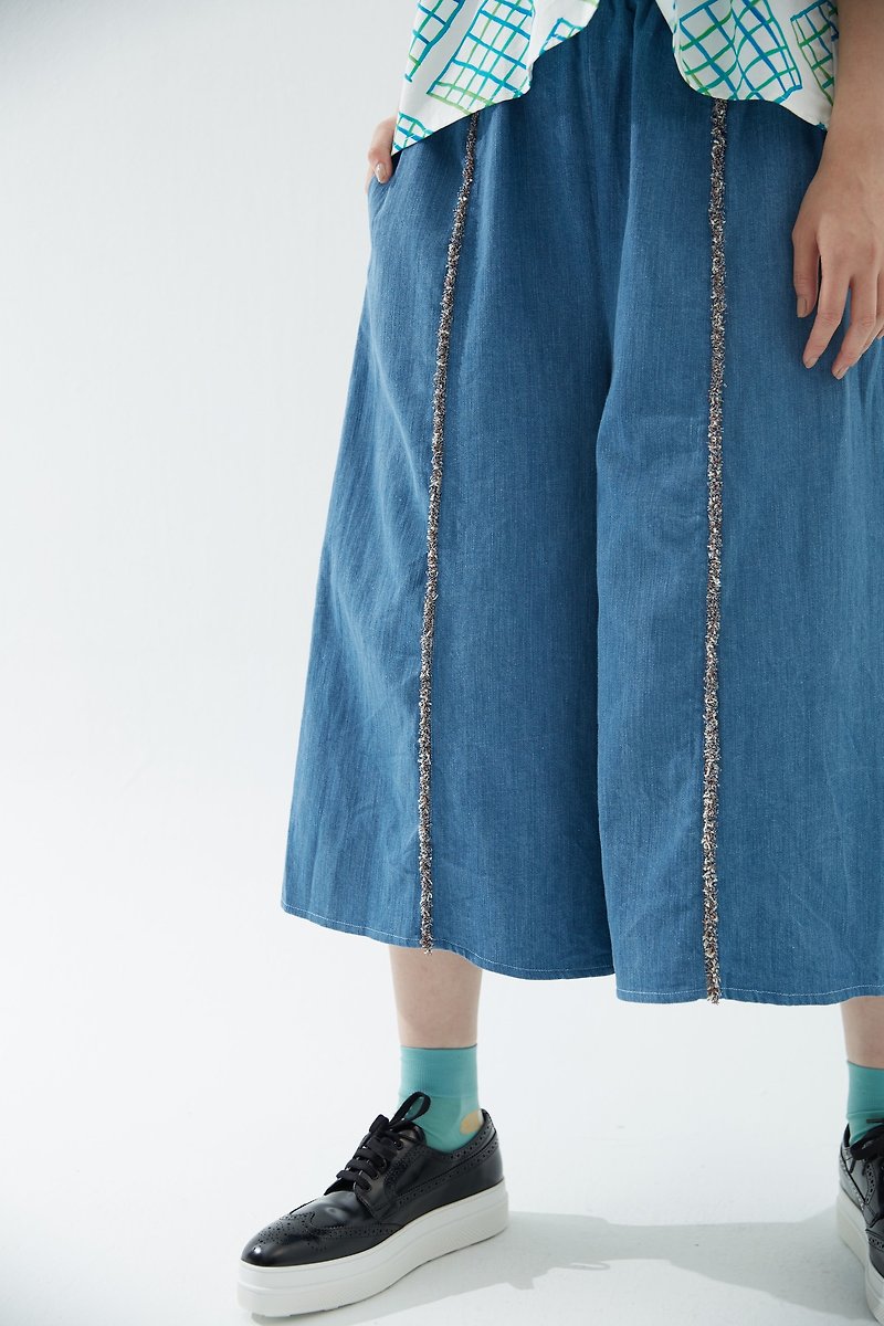 Rolled lace long jeans skirt - กางเกงขายาว - ผ้าฝ้าย/ผ้าลินิน สีน้ำเงิน