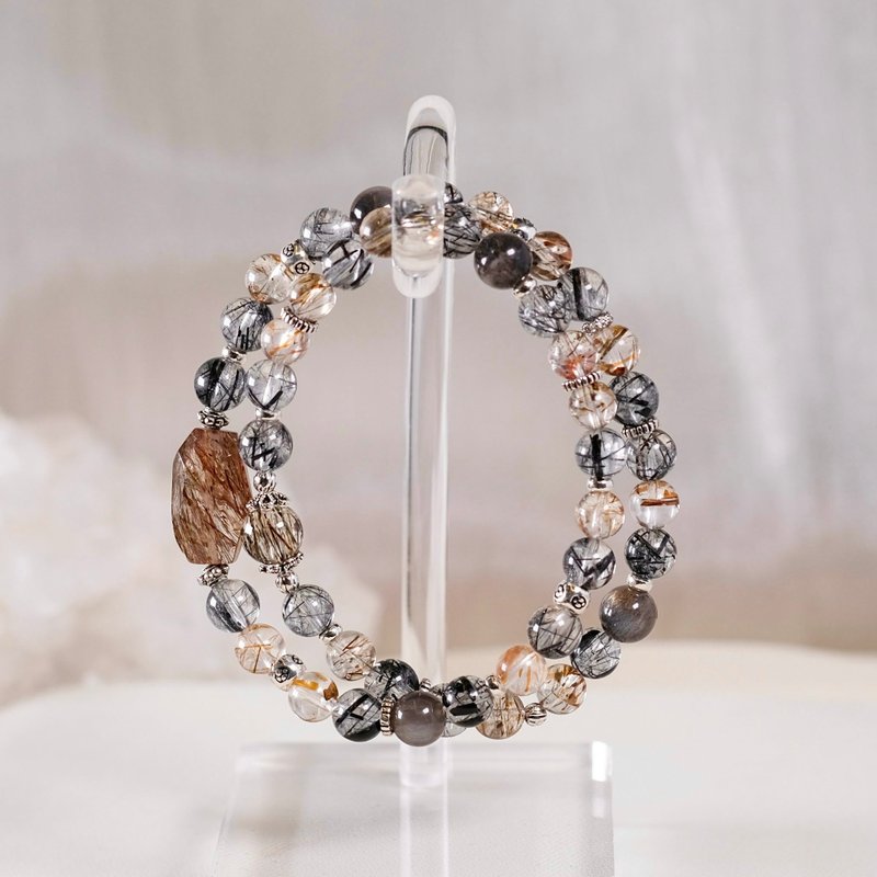 Black Hair Crystal Black Gold Super Seven Black Backbone Stone Double Circle Bracelet Natural Mineral Crystal - สร้อยข้อมือ - คริสตัล สีดำ