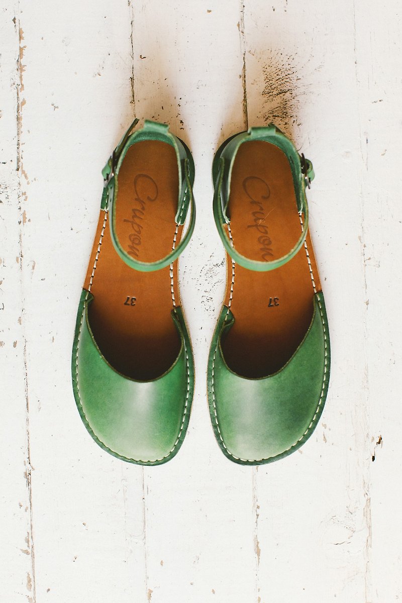 รองเท้าแตะหนังแบร์ฟู้ต, รองเท้าแตะหนัง, รองเท้าแตะฤดูร้อน, รองเท้าแตะ, แฟลตหนัง - รองเท้าลำลองผู้หญิง - หนังแท้ สีเขียว