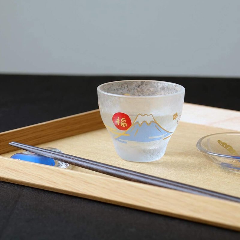 90cc【日本ADERIA】人氣吉祥物 富士山 招福杯 - 酒杯/酒器 - 玻璃 藍色