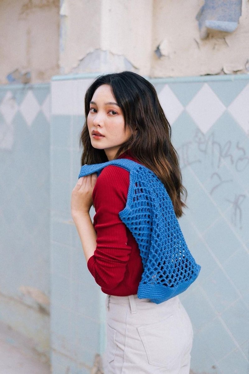 Blue Sky Japia Crochet Bag - 手袋/手提袋 - 棉．麻 藍色