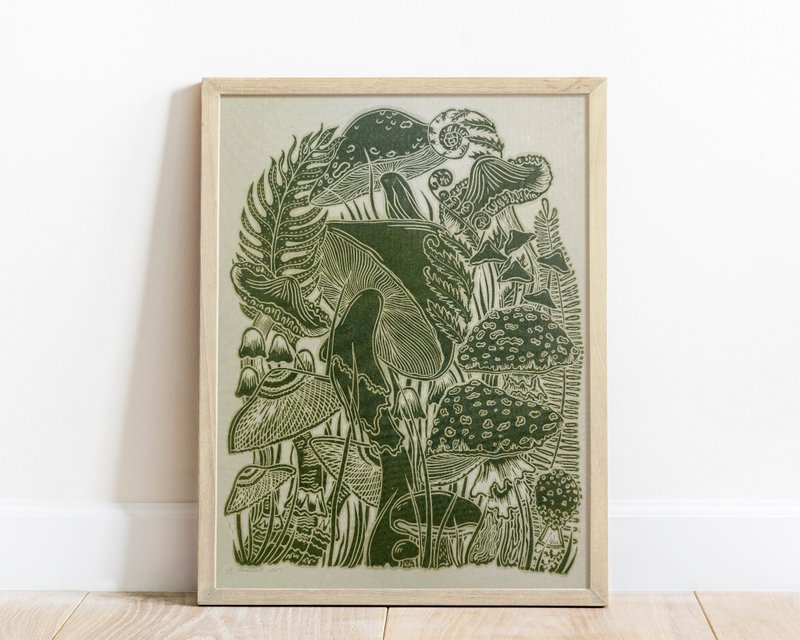 Linocut print Botanical green vintage mushrooms 12x16 Printmaking wall art decor - 海報/掛畫/掛布 - 紙 綠色
