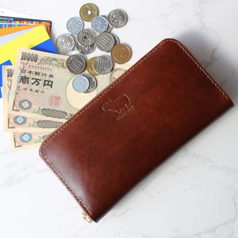 Capybara design long wallet, leather wallet, cowhide, leather, coin pouch, silver pouch, handmade - กระเป๋าสตางค์ - หนังแท้ สีนำ้ตาล