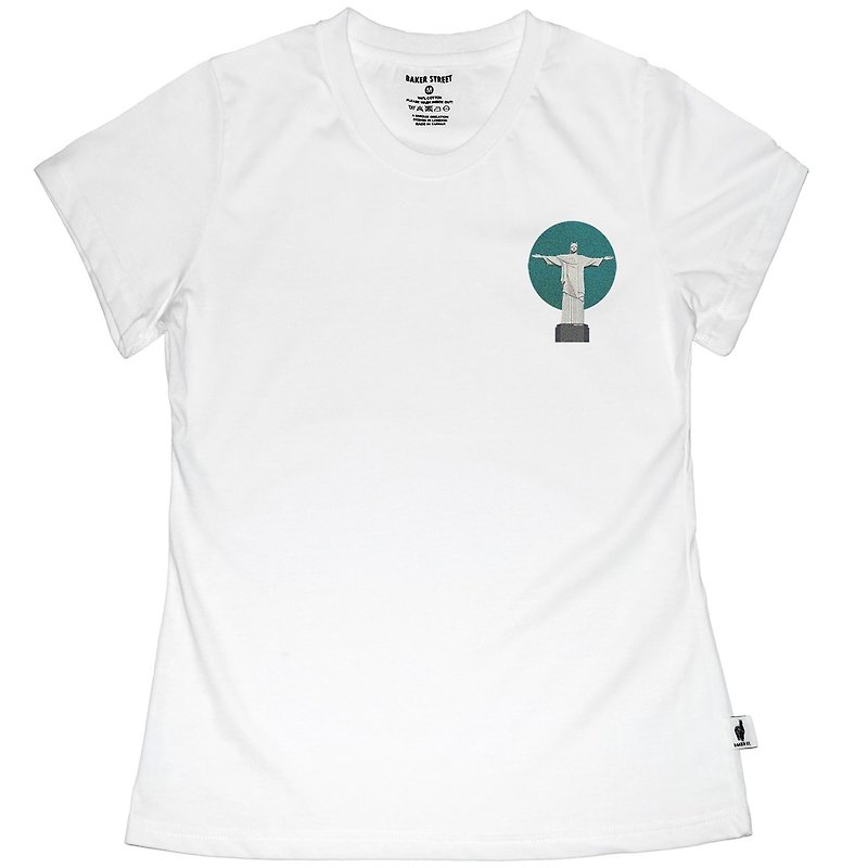 British Fashion Brand -Baker Street- Little Stamp:Alpaca Redentor T-shirt - เสื้อยืดผู้หญิง - ผ้าฝ้าย/ผ้าลินิน ขาว