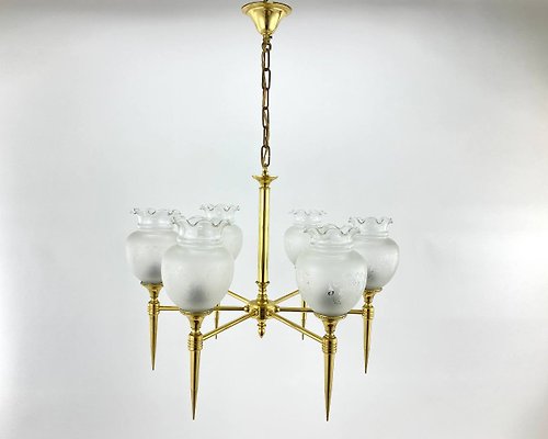 HappyDuckVintage 復古6燈吊燈|美麗的黃銅和磨砂玻璃吸頂燈