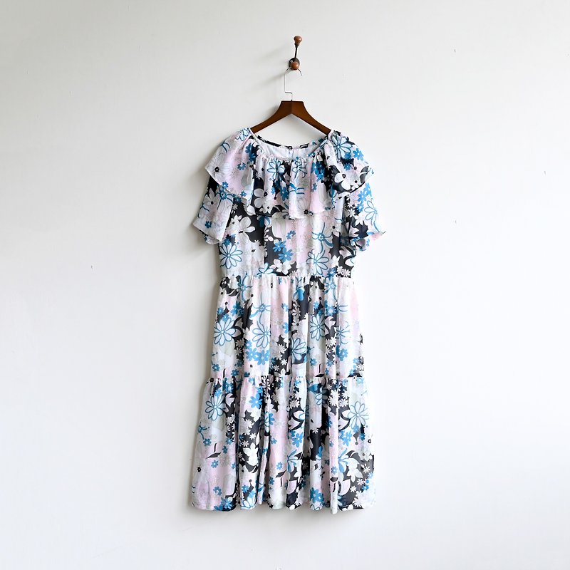 [Egg Plant Vintage] Floral and seaweed printed short-sleeved vintage dress - One Piece Dresses - Other Man-Made Fibers 