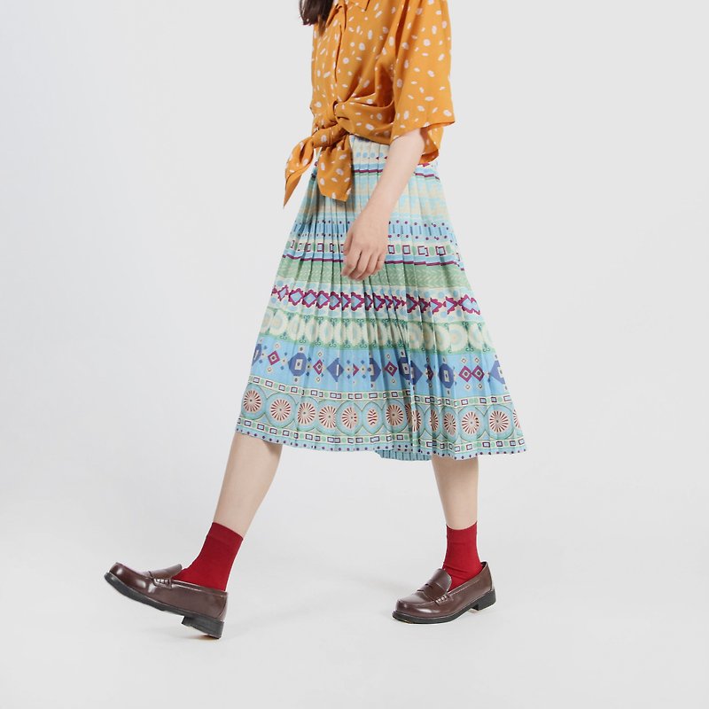 [Egg Plant Vintage] Ya Cui Totem Print Pleated Skirt - Skirts - Polyester Blue