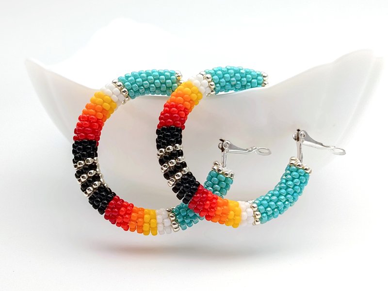 Big hoop earrings, Turquoise beaded earrings, 手作, 耳環, 派對, 華麗耳環 - 耳環/耳夾/耳骨夾 - 玻璃 多色