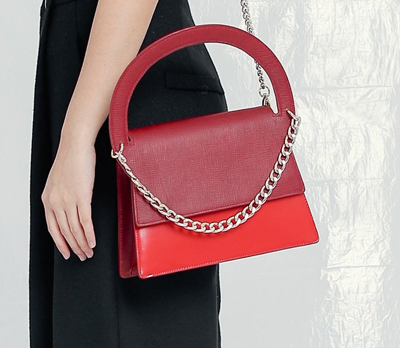 [Show products clear] round handle double leather stitching chain leather bag red - กระเป๋าแมสเซนเจอร์ - หนังแท้ สีแดง