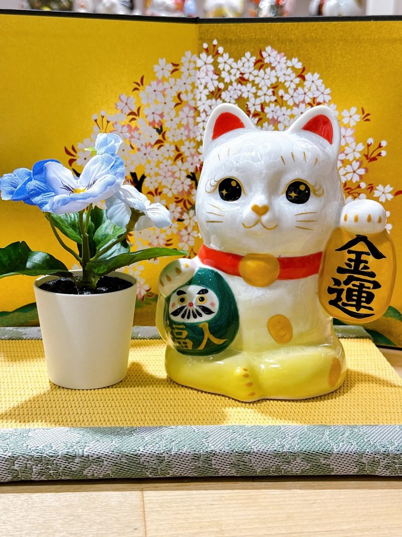 【黃白金運】日本清水燒 | 黃白花結晶達摩招財貓 - 金運開運 - 擺飾/家飾品 - 瓷 白色