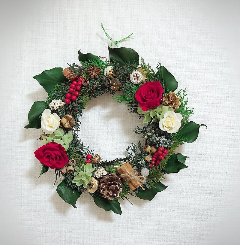 枯れていない花 - 赤と白のバラクリスマスの花輪 -  20-25 cm -1 - ドライフラワー・ブーケ - 寄せ植え・花 グリーン