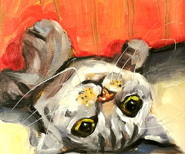 トラ猫のオリジナル油絵 面白い動物アート ペットの肖像画