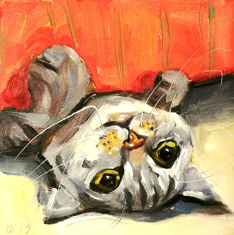 Tabby Cat Original Oil Painting Funny Animals Art Pet Portrait - โปสเตอร์ - วัสดุอื่นๆ หลากหลายสี