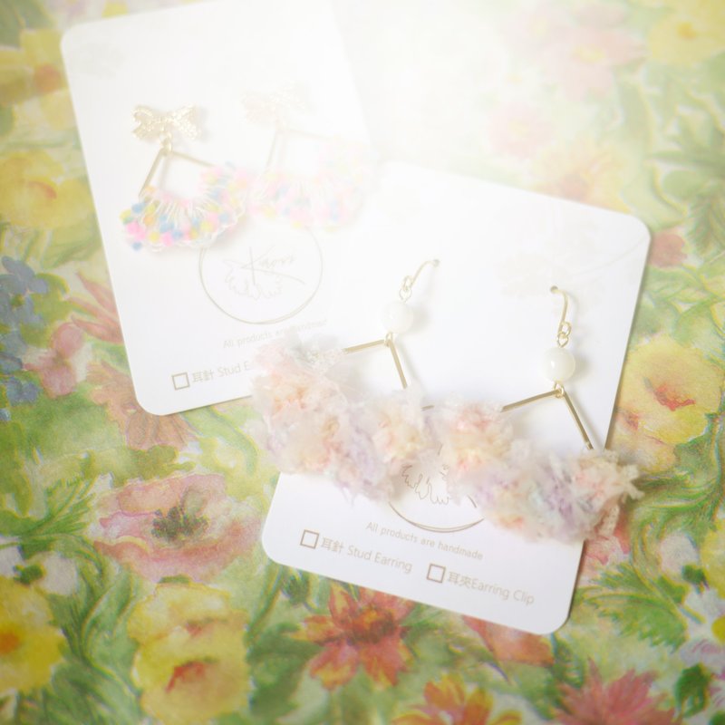 淡花紗線編織耳環 - 耳環/耳夾/耳骨夾 - 其他材質 粉紅色