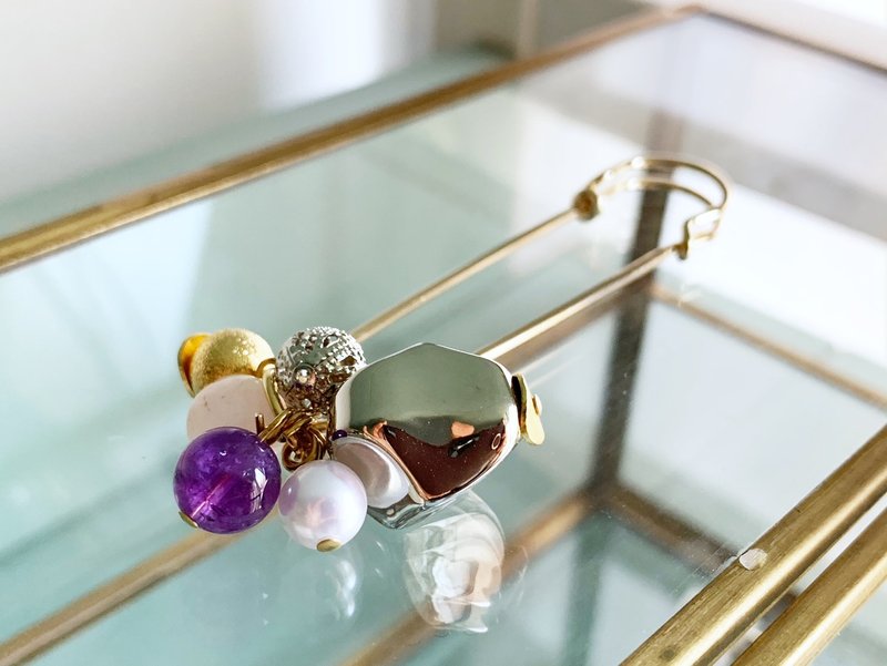 [February birthstone] Amethyst and rose quartz stall pin - เข็มกลัด - เครื่องประดับพลอย สีม่วง