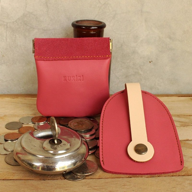 Set of Coin Bag & Key Case - Pink + Ivory Strap / Cow Leather / Coin Purse - กระเป๋าใส่เหรียญ - หนังแท้ 