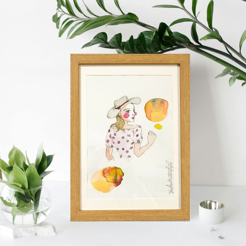 Original art #17 【Delicious mango】Watercolor and pencil drawing Framed yellow - โปสเตอร์ - กระดาษ สีเหลือง