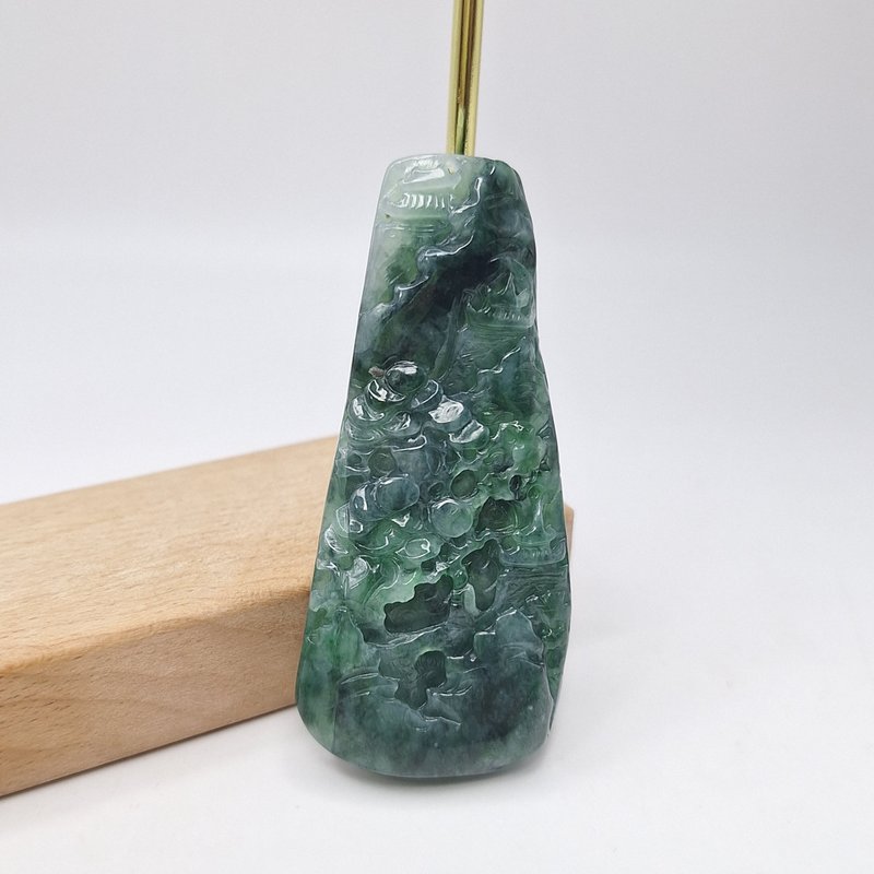 Warm spicy green old material blue water hand-carved landscape brand pendant | natural grade A jadeite - Necklaces - Jade 