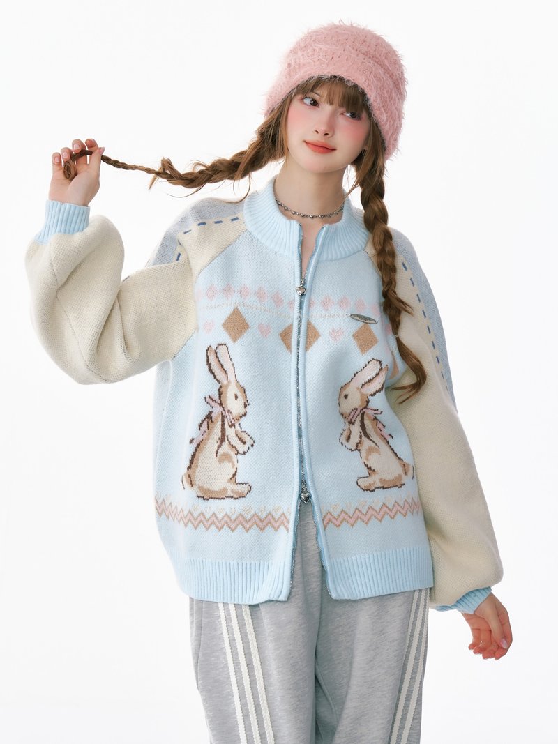 ziziFei autumn and winter new American retro design contrast color stitching rabbit sweater cardigan zipper jacket for women - สเวตเตอร์ผู้หญิง - วัสดุอื่นๆ 