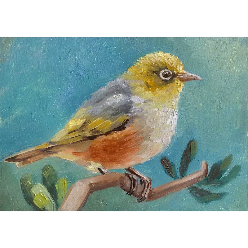 White - eyed bird painting, animal original art, small oil painting, 13x18 cm - Wall Décor - Other Materials 