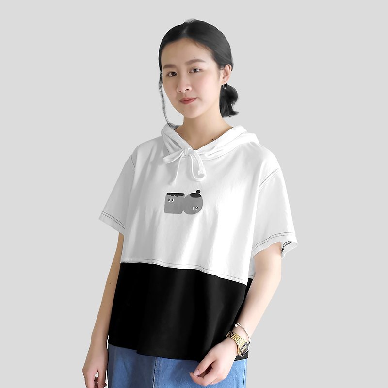 白黒コントラストカラーステッチドローストリングキャップキック - Tシャツ - その他の素材 ブラック