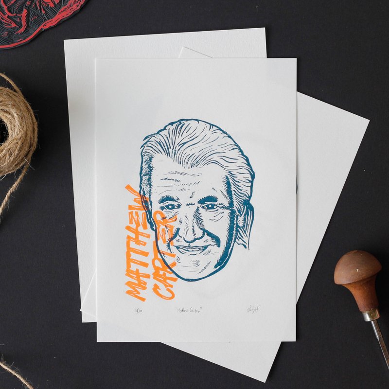 Matthew Carter, The 7 Noble Designers - Linocut Printmaking Edition Print - 海報/掛畫/掛布 - 紙 藍色