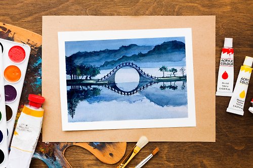 MentaLidArt Mountain Painting - Taipei, Landscape Watercolor, Lake Original Art