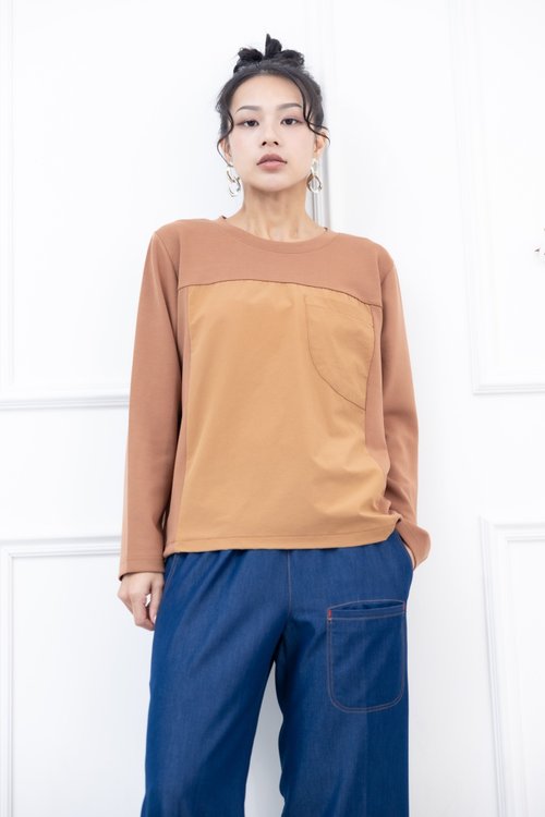Meya 編縫編織 異材質拼接抽繩長袖上衣 咖橘色