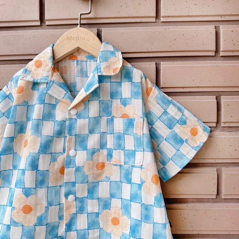 Japanese floral sea blue - little boy's Cuban shirt - เสื้อยืด - ผ้าฝ้าย/ผ้าลินิน หลากหลายสี