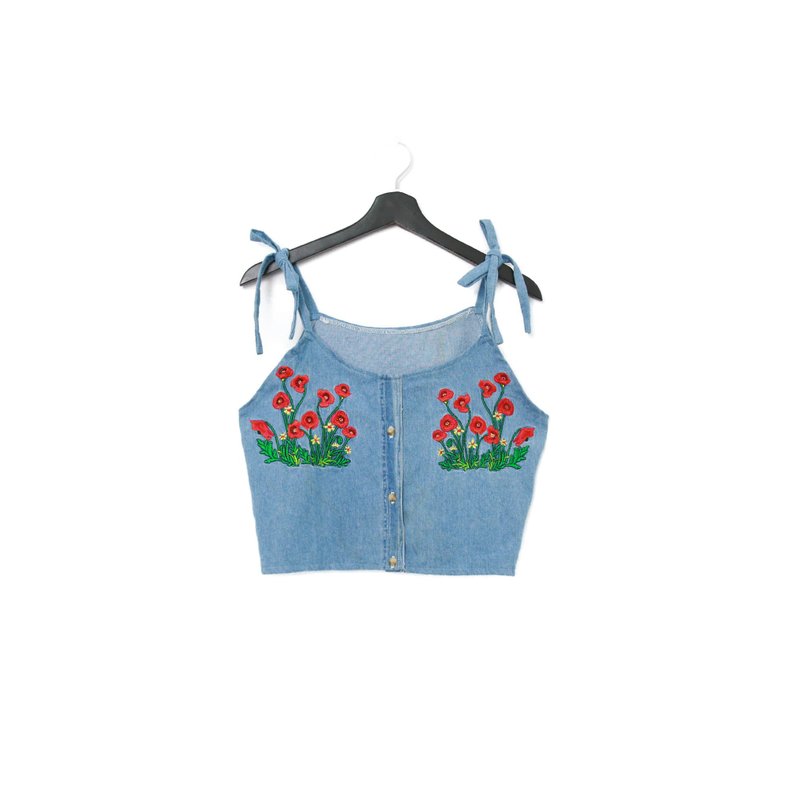 Back to Green-再製綁帶丹寧刺繡 鮮紅色 花葉 dv-17/ vintage - 背心/無袖上衣 - 棉．麻 