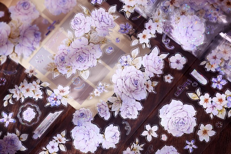 薔薇詩  復古紫色花卉和紙PET貝殼光模切手帳紙膠帶 - 紙膠帶/和紙/PET - 紙 多色