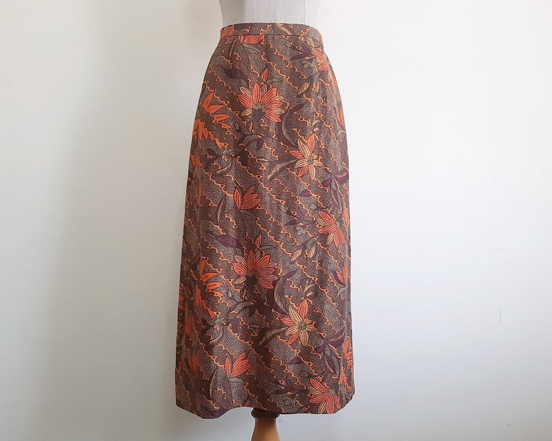 25 Waist Vintage Brown Orange Floral Print Skirt Womens Silk Linen Skirt XS - 裙子/長裙 - 棉．麻 咖啡色
