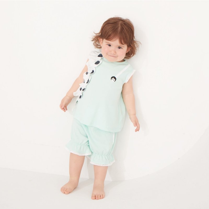 Hand-embroidered lace suit (pink blue/ Teal) - เสื้อยืด - ผ้าฝ้าย/ผ้าลินิน สีน้ำเงิน