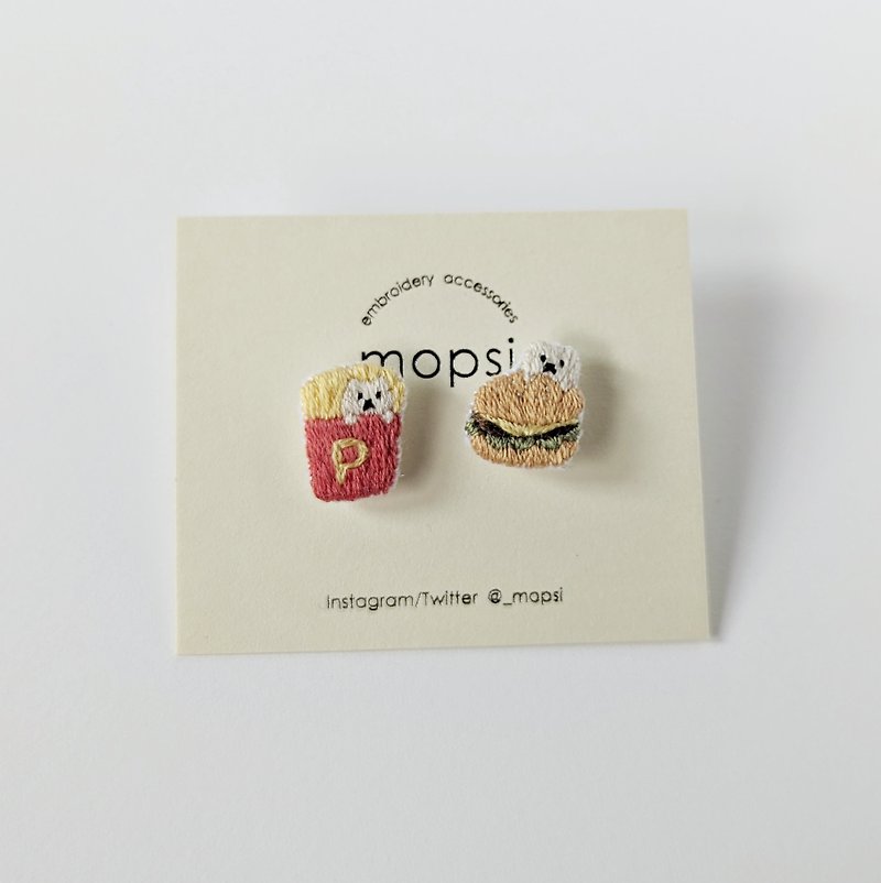 Polar bear hamburger set embroidery earrings/ Clip-On - Earrings & Clip-ons - Thread Orange