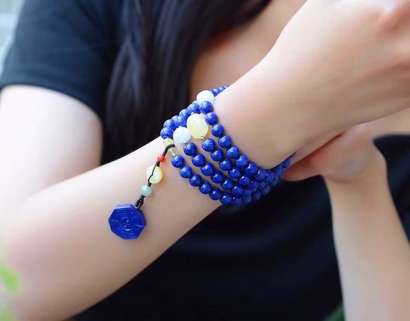 [Welfare price] natural lapis lazuli beads with 108 beads / embellished natural lapis lazuli gossip pendant - Bracelets - Gemstone 