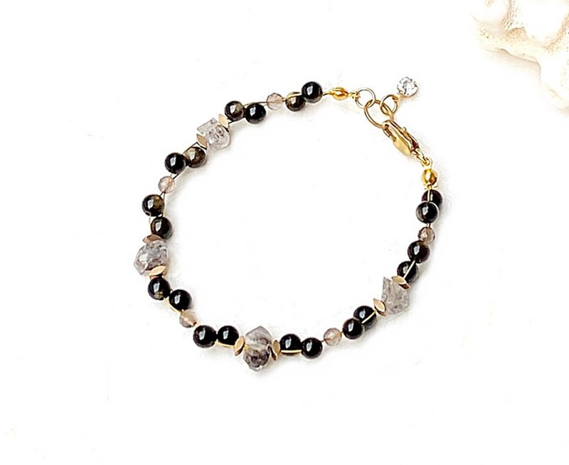 Obsidian Citrine Shining Diamond Energy Raw Stone Geometric Bronze Bracelet Customized Gift to Avoid Evil and Keep Peace - สร้อยข้อมือ - คริสตัล หลากหลายสี