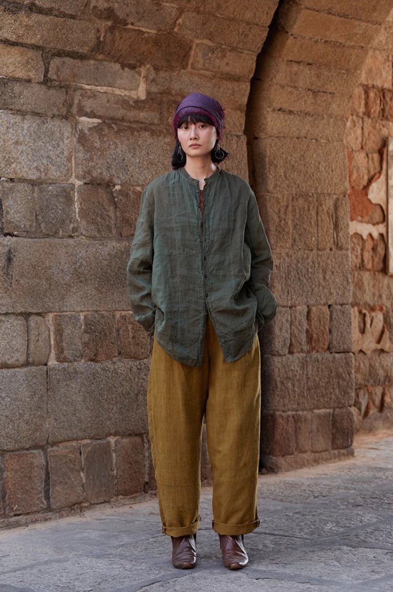 復古文青 純棉植物染襯衫上衣 - 女襯衫 - 其他材質 綠色