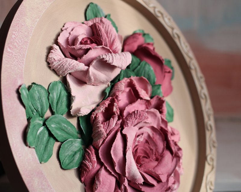 Roses, plaster flower art, textured painting, palette knife flowers, modern art. - 壁貼/牆壁裝飾 - 其他材質 