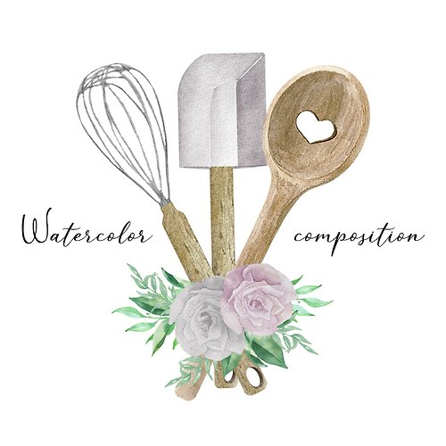 Art and Funny Watercolor baking logo with utensils and flowers
