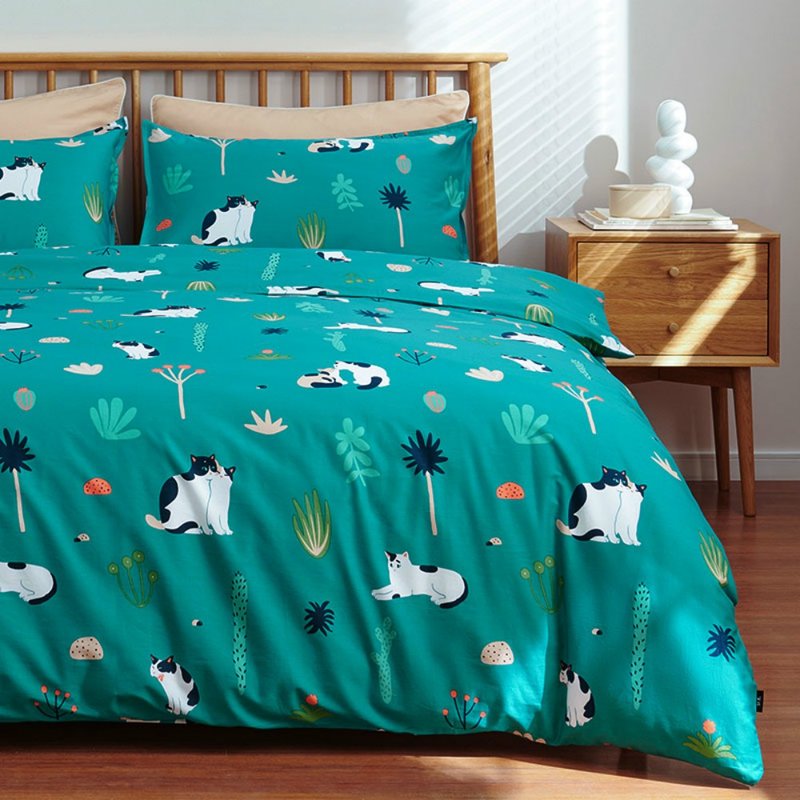 Verdant cat pillowcase + duvet cover two-piece set single double original hand-painted cat 40 cotton bed bag sold separately - เครื่องนอน - ผ้าฝ้าย/ผ้าลินิน สีเขียว
