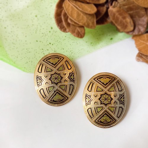 挪亞方舟古董飾品 Vintage Jewelry 【西洋古董飾品】西班牙 大馬士革K金工藝 琺瑯花徽圖騰 耳環耳夾