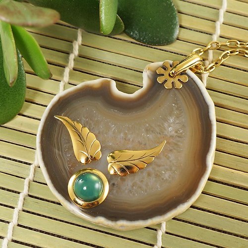 AGATIX Beige Green Taupe Agate Slice Slab Golden Leaf Pendant Necklace Jewelry Gift
