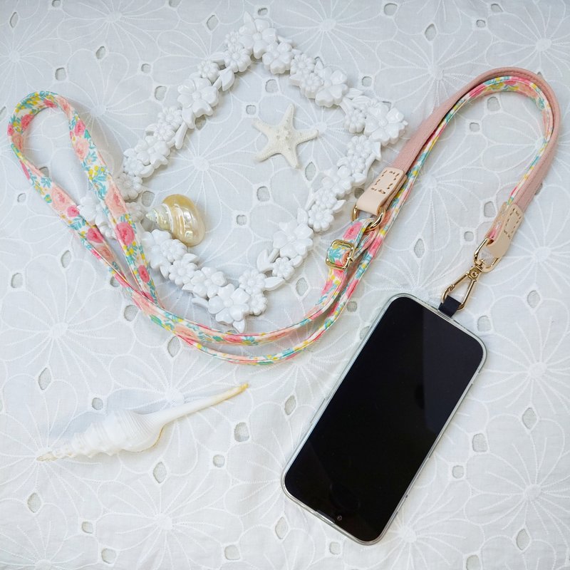 Three-in-one multi-functional soft pink watercolor rose Korean cotton mobile phone oblique strap / oblique strap / back rope / - เชือก/สายคล้อง - ผ้าฝ้าย/ผ้าลินิน สึชมพู